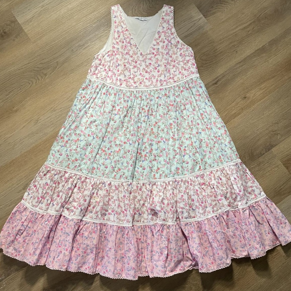 LoveShackFancy Pink and Mint Floral Tiered Midi Sundress - Picture 2 of 5